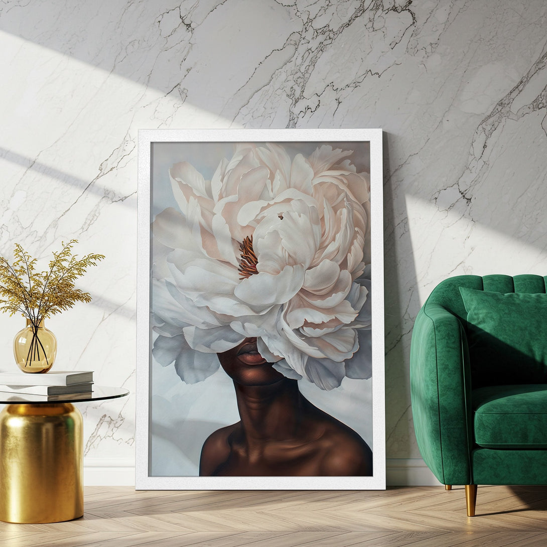 Framed Poster featuring an abstract floral portrait in a soft, neutral color palette. Modern art for your home.