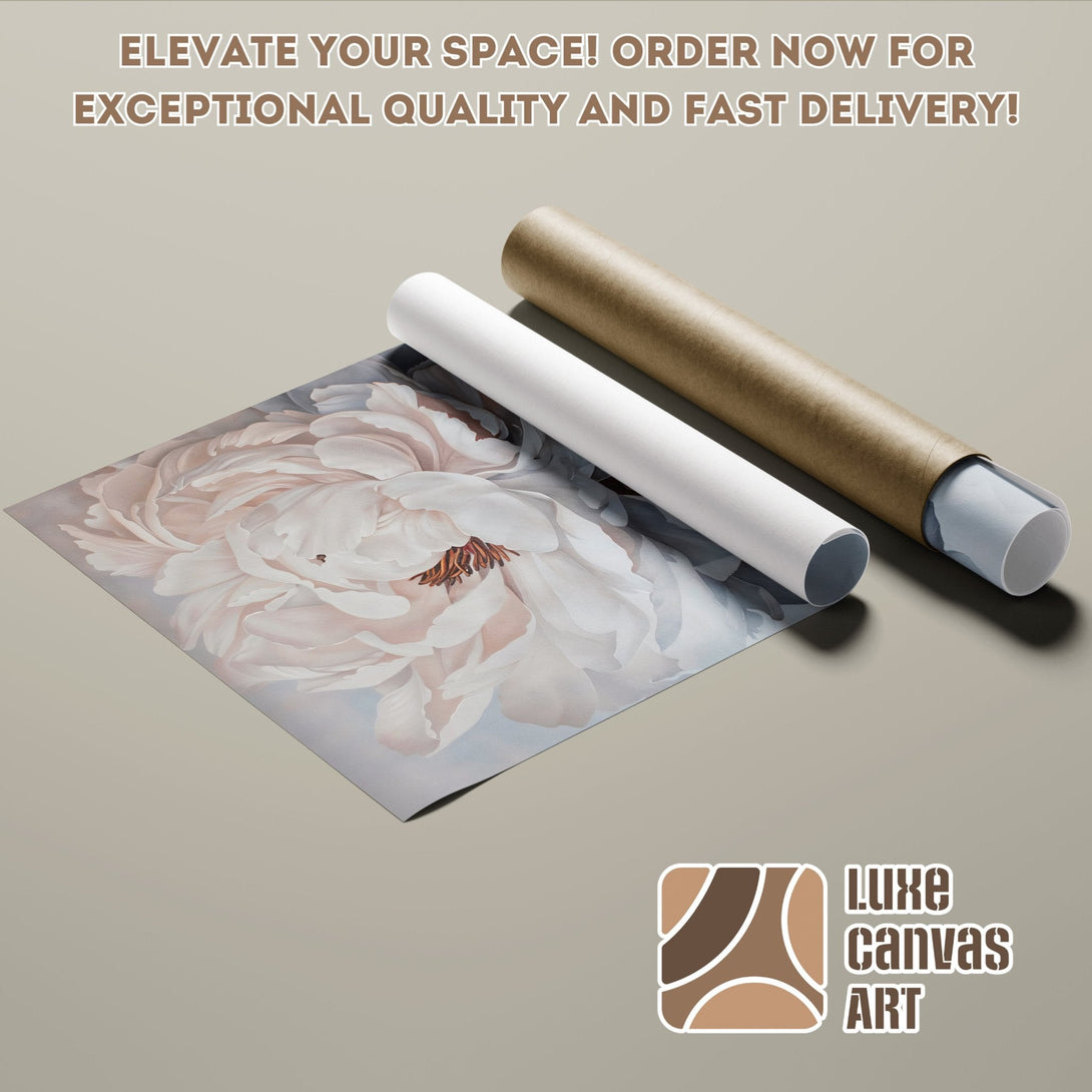 Peony Poster Roll, floral art print in soft neutral tones. Elevate your space with Luxe Canvas Art.