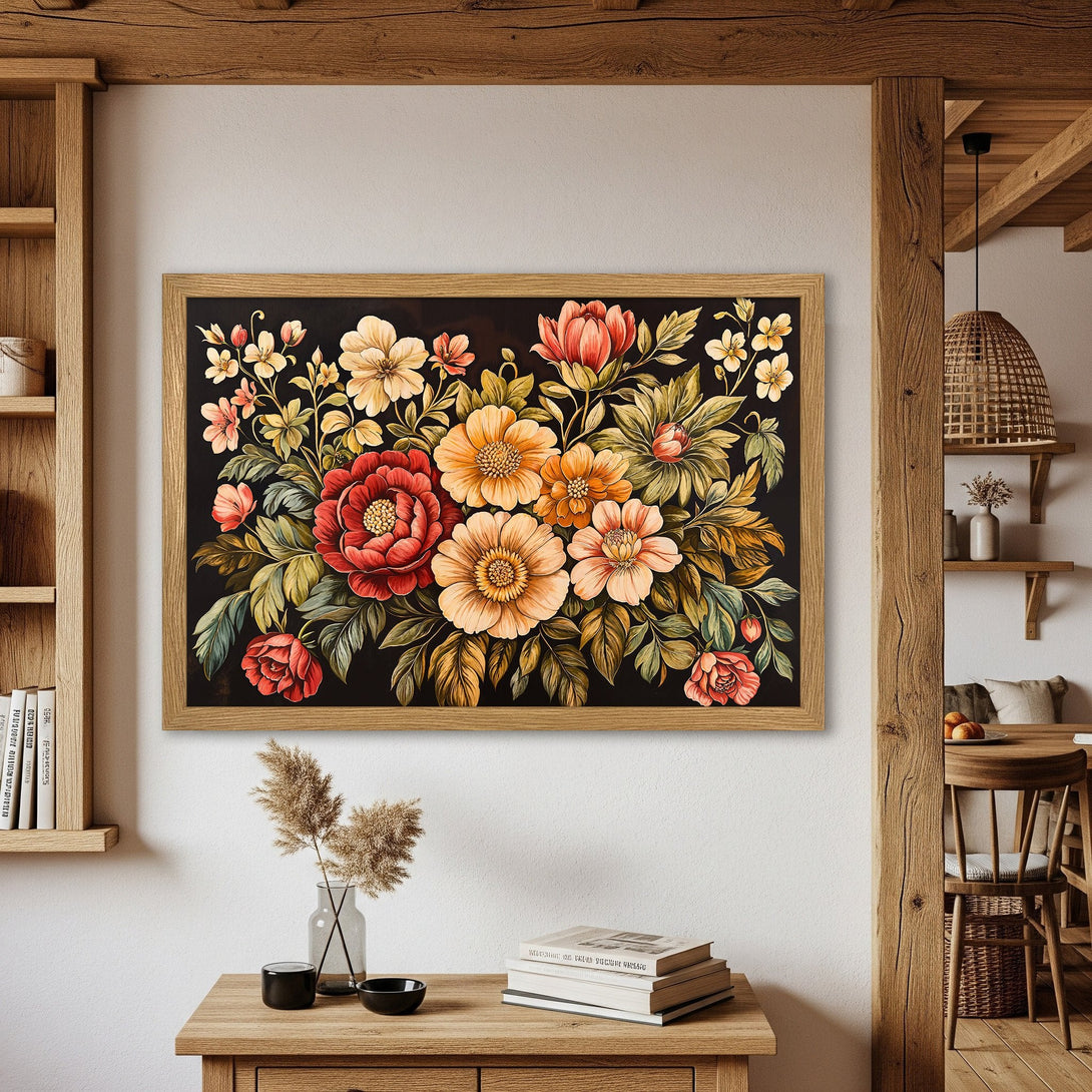 Framed Poster featuring vibrant floral art in a vintage style with a warm, earthy color palette. Perfect wall decor!
