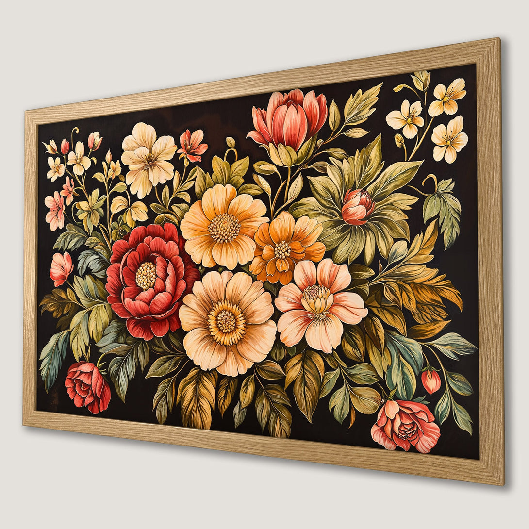 Framed Poster featuring vibrant floral art in a vintage style with a rich, warm color palette of red, orange, and gold.