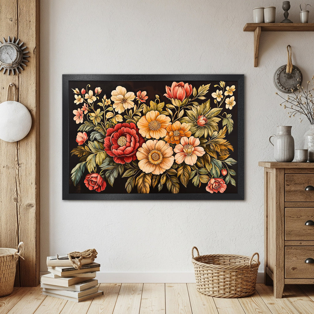 Framed Poster featuring a floral illustration in warm tones of red, orange, and yellow. Perfect wall art for a cozy home.