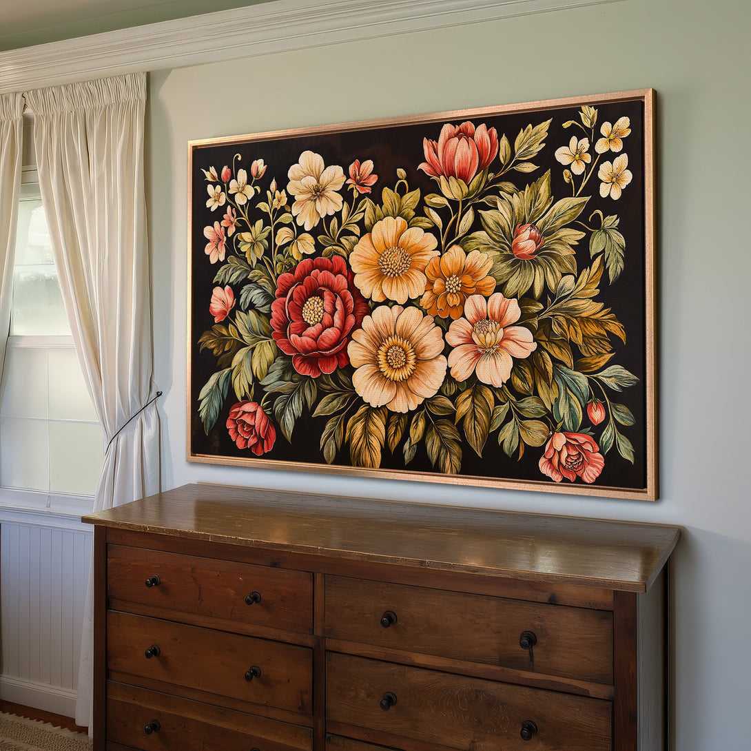 Framed Wall Art: Stunning floral Canvas Print in a vintage style. Features a rich color palette of red, orange, and yellow blooms against a dark background. Perfect home decor.