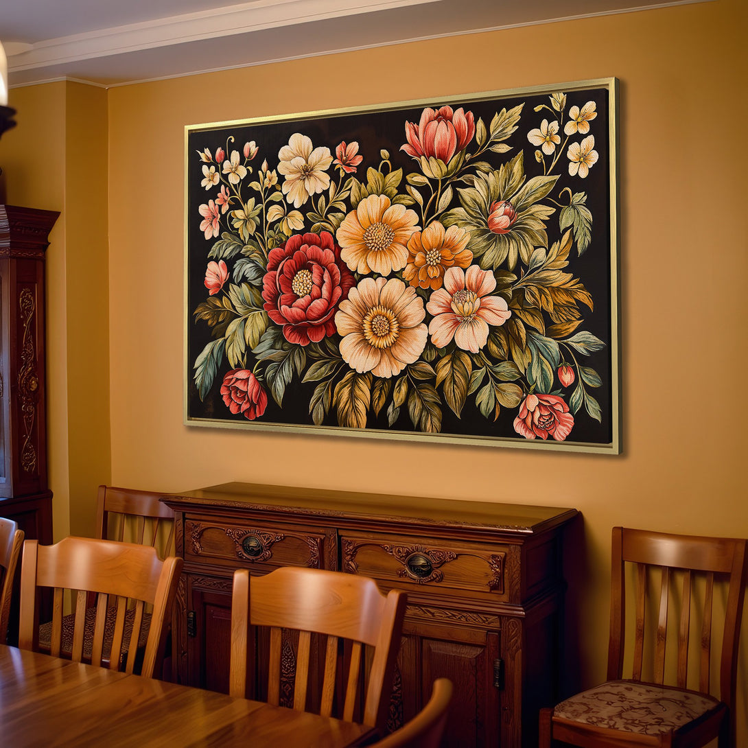 Canvas Print of floral artwork in a living room. Features a dark background and a warm color palette of reds, oranges, and yellows. Perfect for home decor!