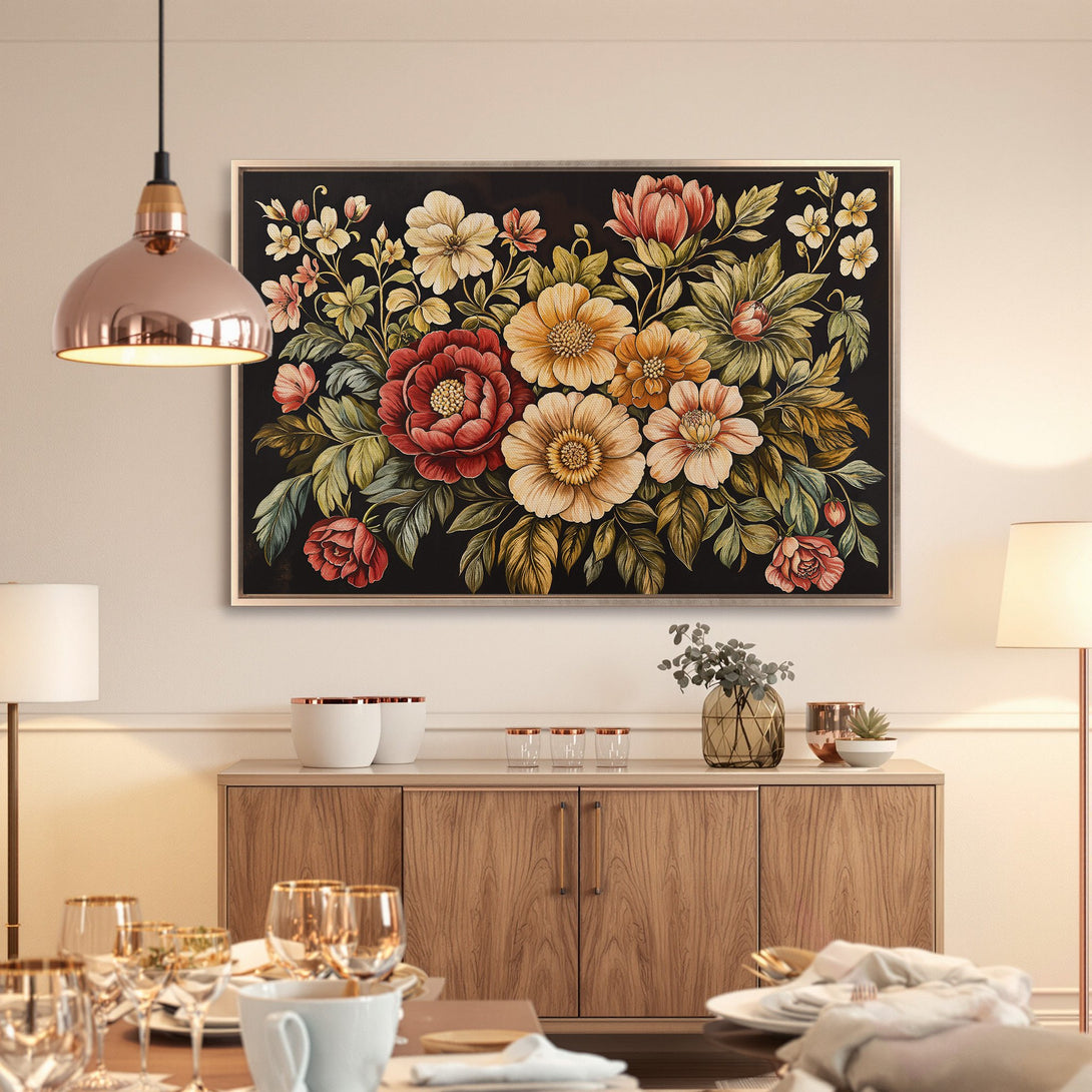 Framed Wall Art: Elegant floral Canvas Print in a dining room. Features a vintage style with a rich color palette of reds, yellows, and greens.