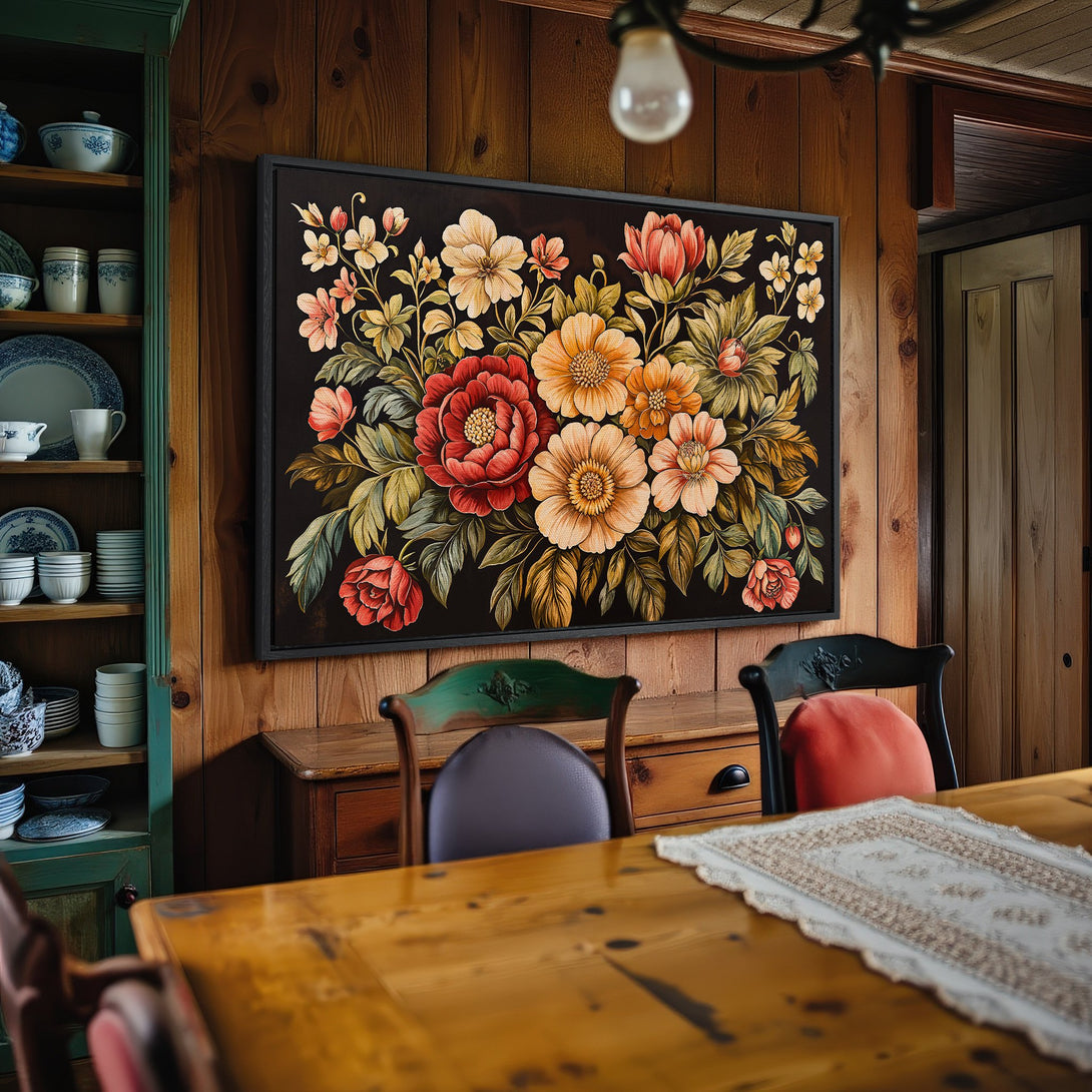Framed Wall Art featuring a floral bouquet in warm red, orange, and yellow tones. Adds a touch of rustic charm to any space.