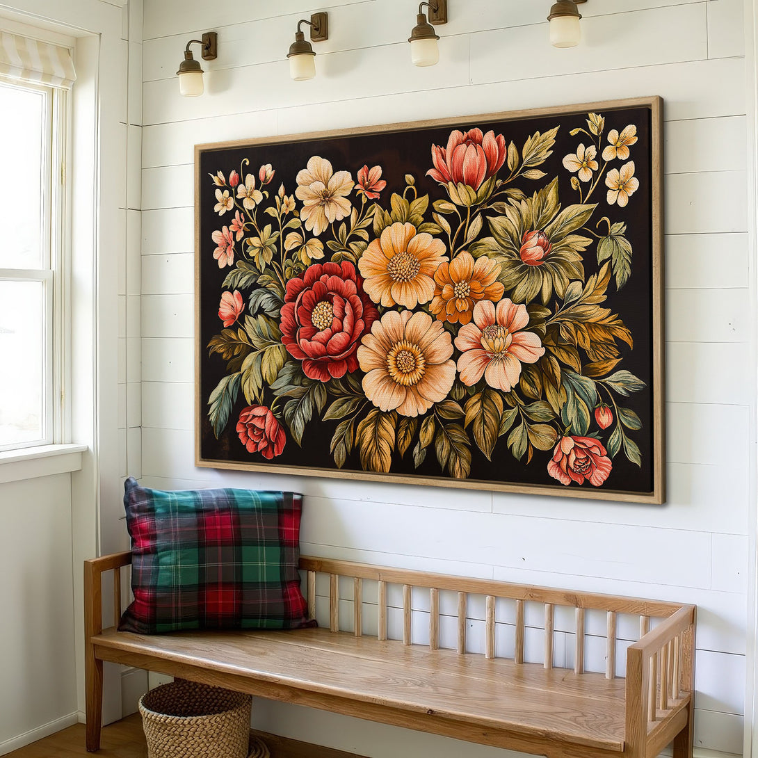 Framed Wall Art: Floral canvas print with a vintage style, featuring a vibrant bouquet in warm red, orange, and yellow hues against a dark background. Perfect for adding charm!