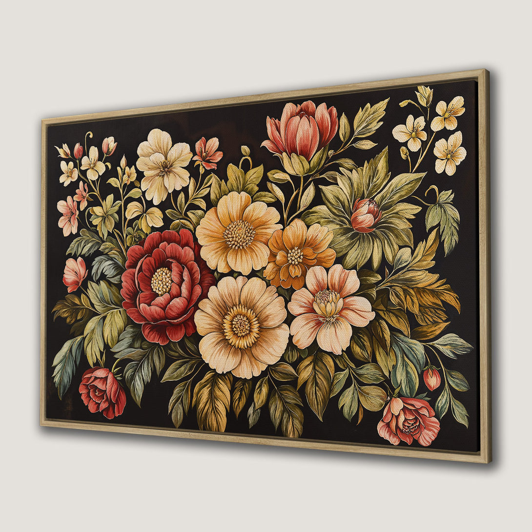Framed Wall Art featuring a vibrant floral bouquet on a black background. Warm tones of red, orange, and yellow create a stunning, artistic display.