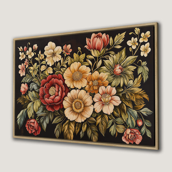 Framed Wall Art featuring a vibrant floral bouquet on a black background. Warm tones of red, orange, and yellow create a stunning, artistic display.