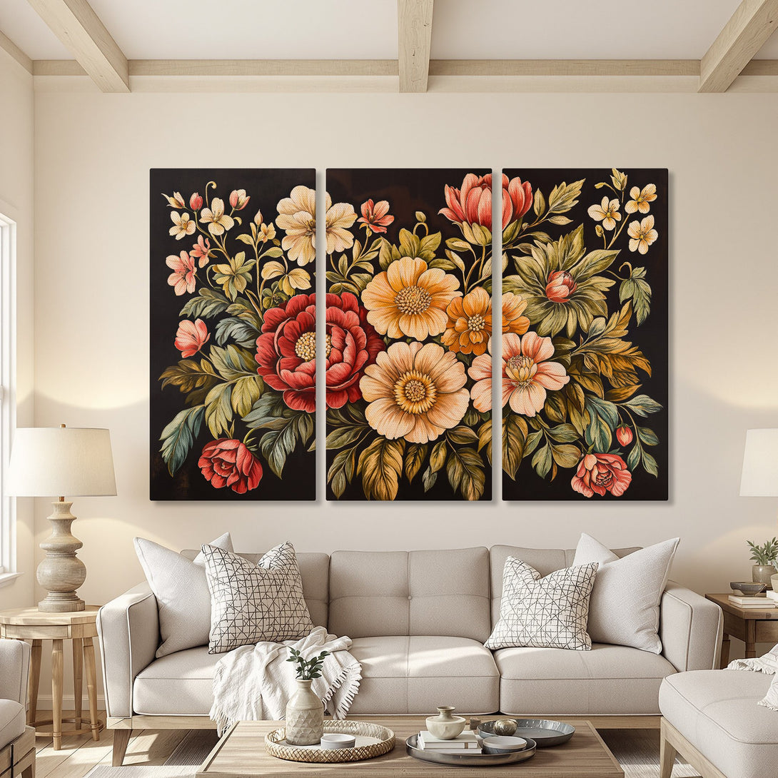 Canvas Print of floral artwork in a warm, inviting living room. Features a vintage style with red, orange, and green hues on a dark background.