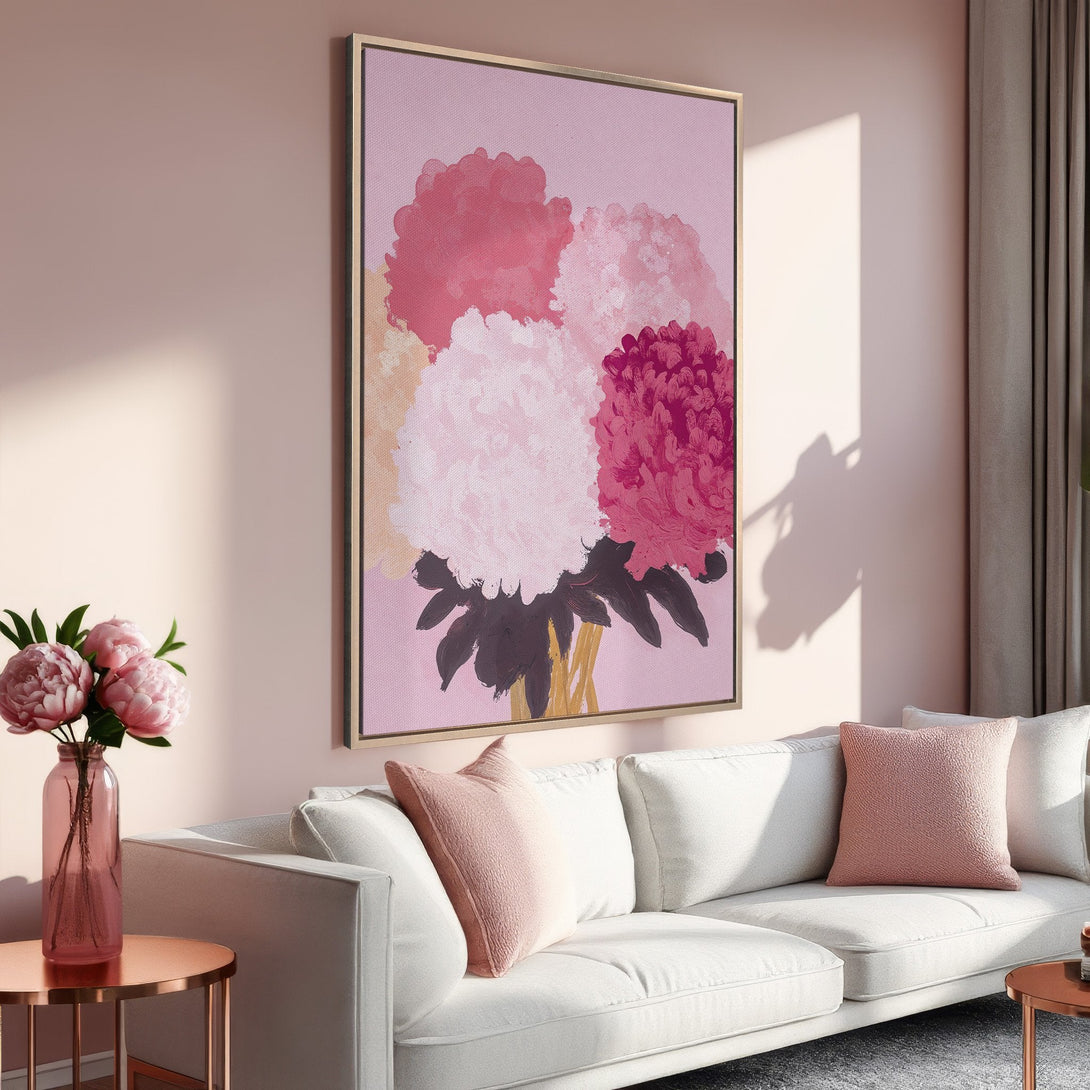 Framed Wall Art featuring abstract floral art in pink and red hues. Modern canvas print for a stylish home.
