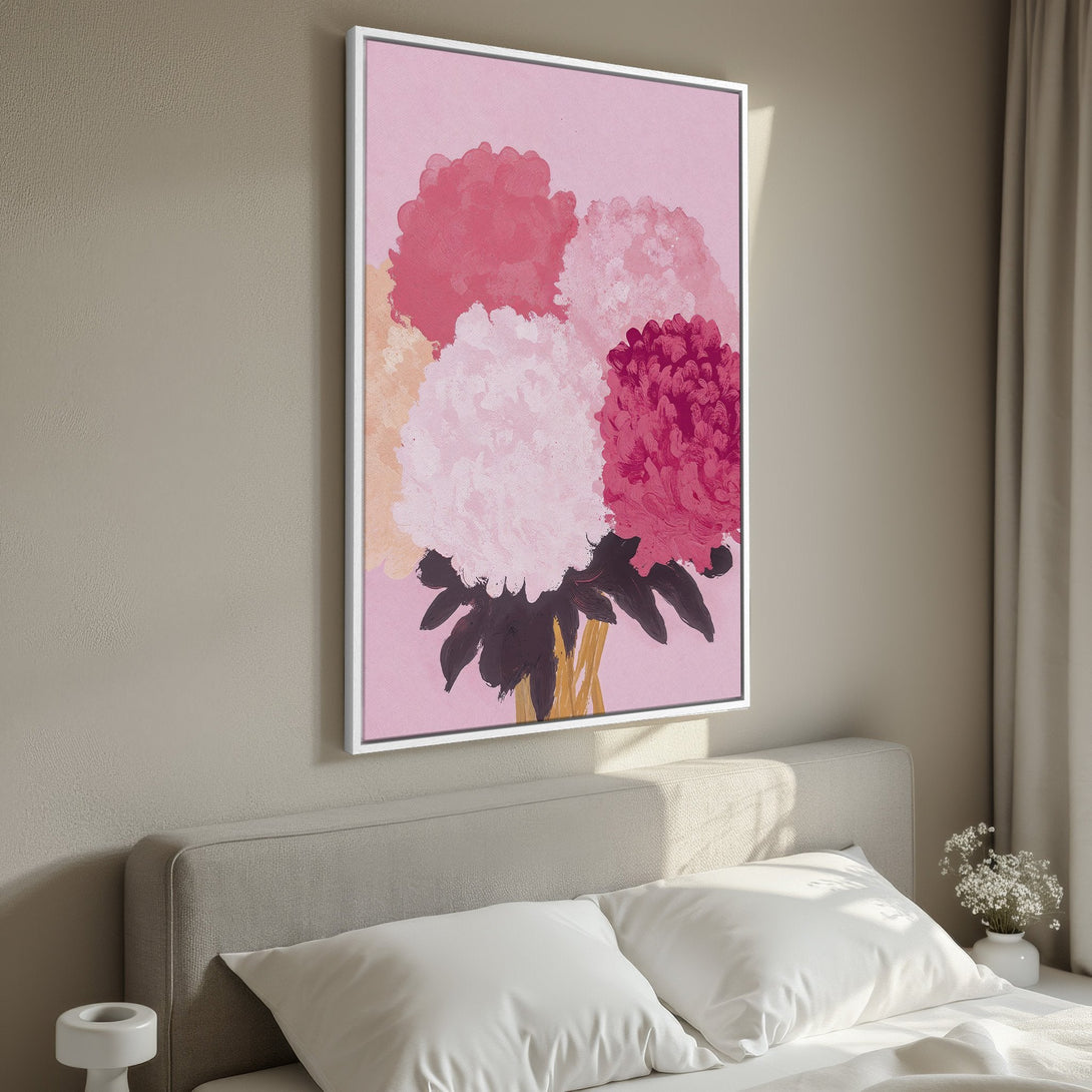 Framed Wall Art: Abstract floral Canvas Print in pink and red hues. Modern art for bedroom decor. Enhance your space with this beautiful artwork.