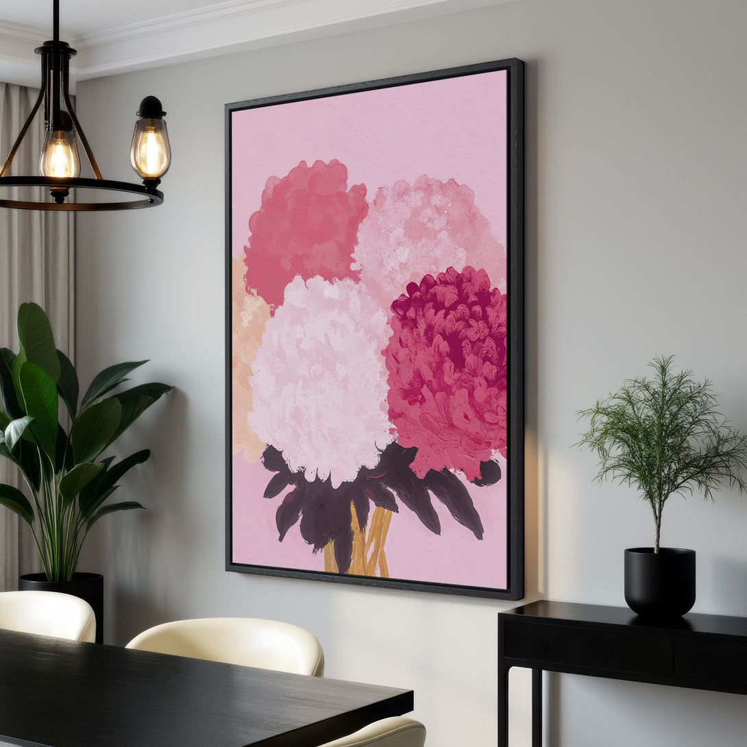 Framed Wall Art featuring abstract floral art in pink and burgundy hues. Modern canvas print adds a pop of color to any interior decor.