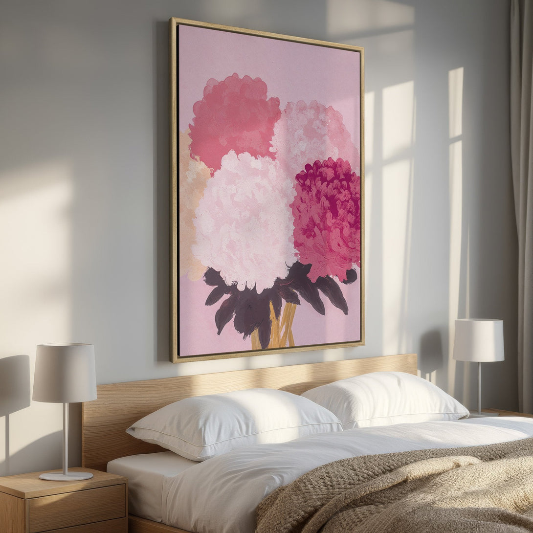 Framed Wall Art: Abstract floral print in pink and red hues. Modern bedroom decor with a stylish canvas print. Shop wall art today!