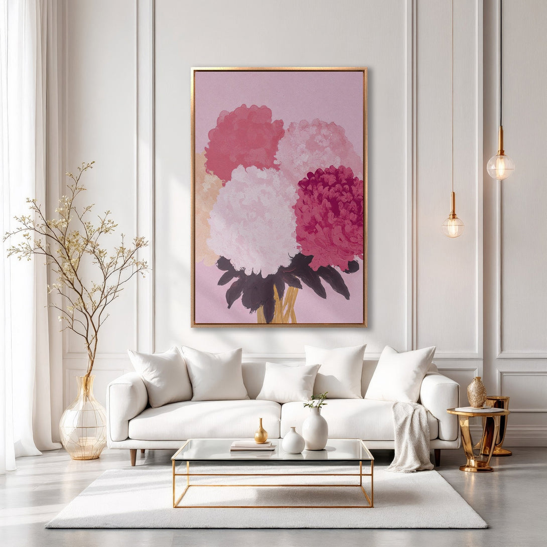 Framed Wall Art: Abstract floral Canvas Print in pink and white, modern style, displayed in a chic living room. Elevate your space!