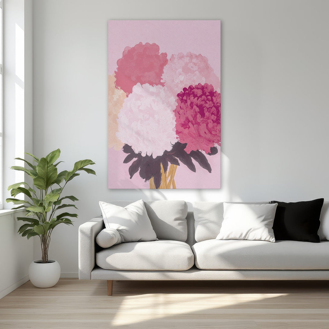 Framed Wall Art: Abstract floral Canvas Print in pink and red hues. Perfect for adding a touch of elegance to your bedroom decor. Shop now!