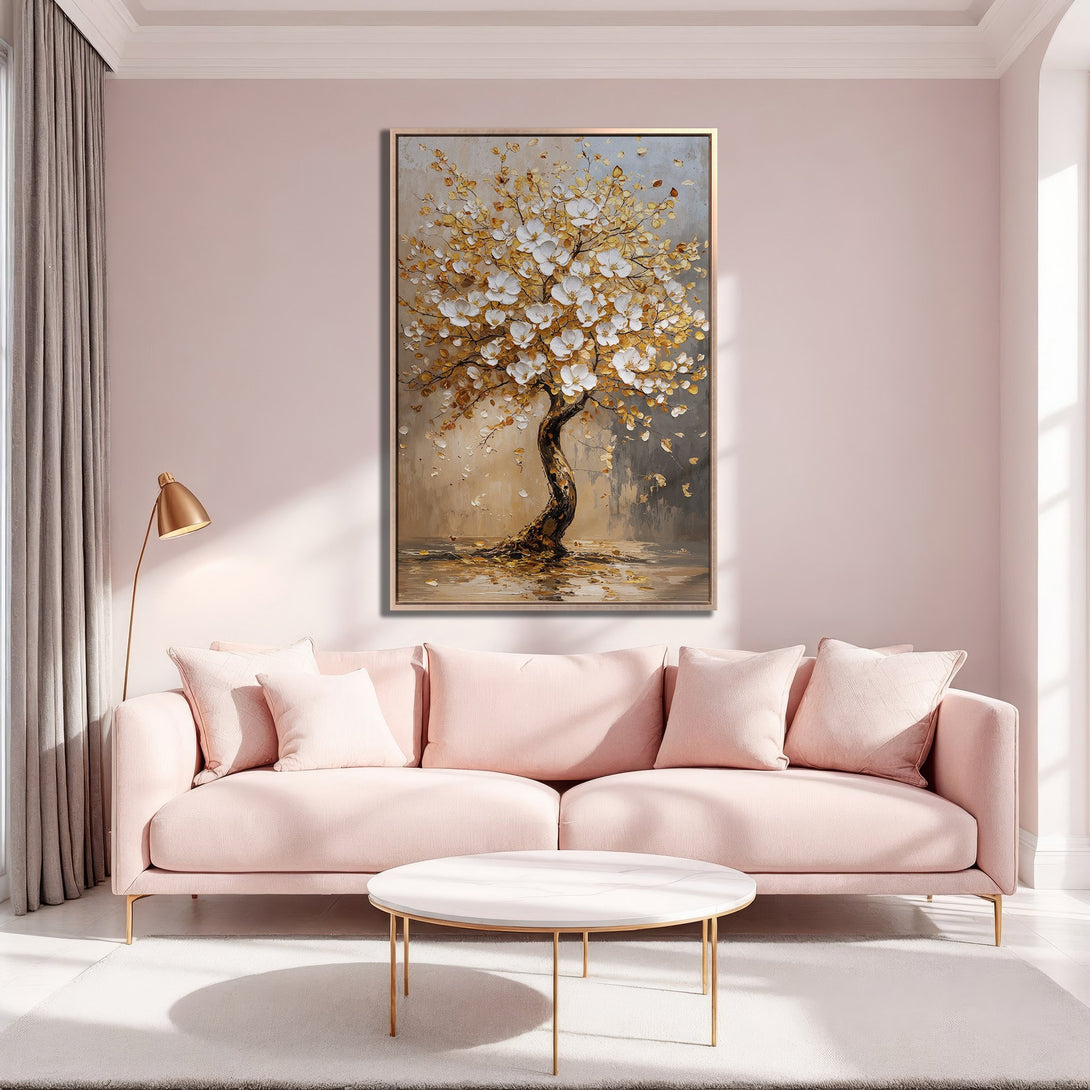 Framed Wall Art: Elegant gold and white tree painting in a modern interior. Soft pink and gold color palette for a touch of luxury.