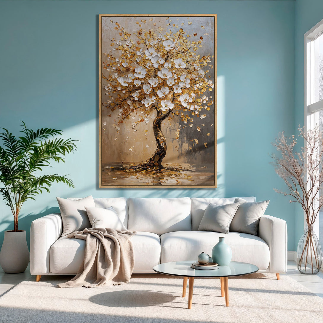 Framed Wall Art: Elegant tree painting with gold and white blossoms. Earthy tones with a touch of blue, perfect for adding a touch of nature to your home.