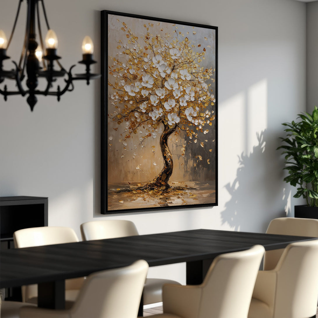 Framed Wall Art of a textured tree painting with white flowers and gold leaves, displayed in a dining room with a neutral color palette.