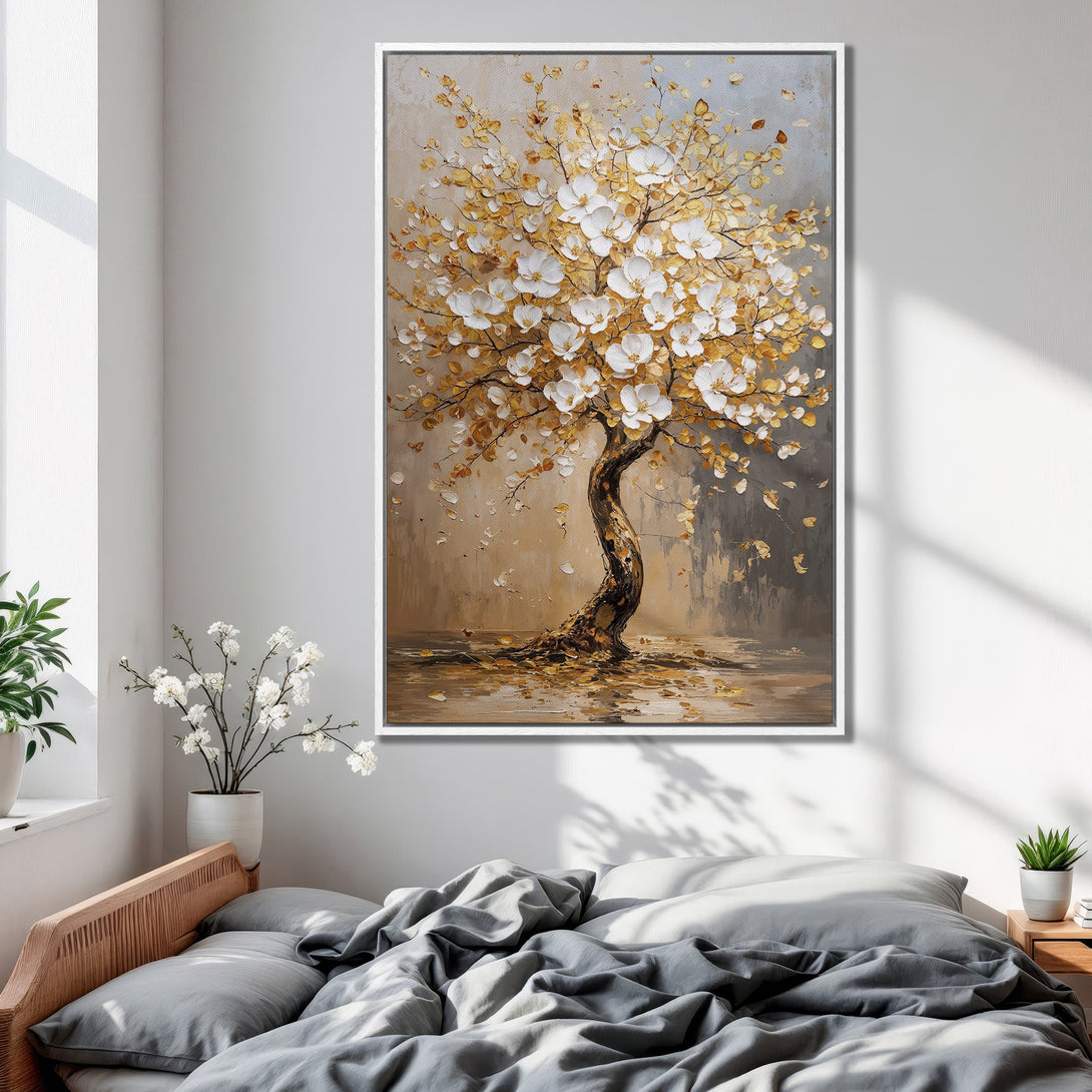 Framed Wall Art featuring a textured tree with white flowers and gold leaves. Neutral color palette adds a touch of elegance to any room.