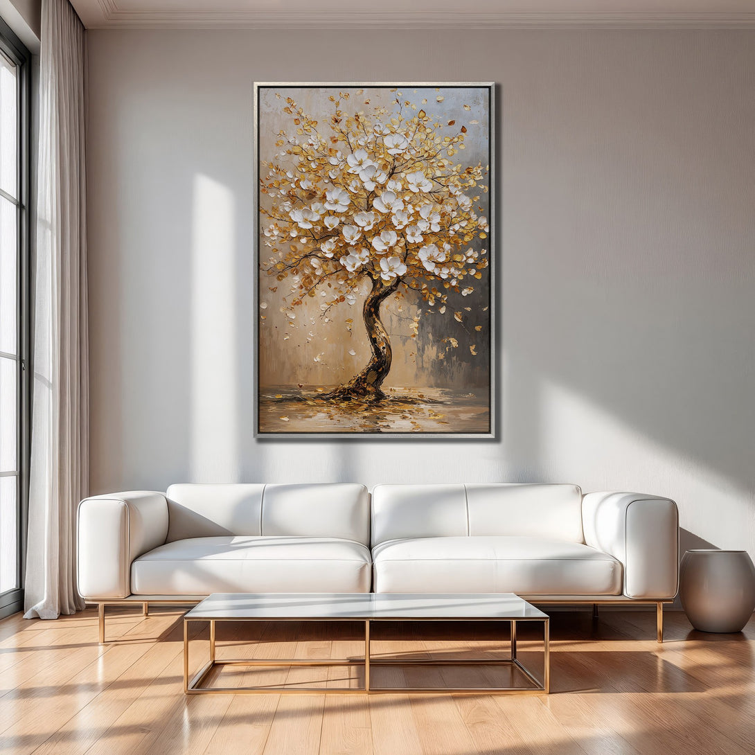 Framed Wall Art: Elegant tree painting in gold and white, displayed in a modern living room. Perfect for adding a touch of art!