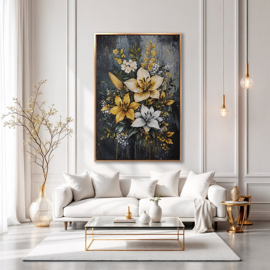 Framed Wall Art featuring a floral painting in a modern living room. Elegant style with a dark, gold, and white color palette. Perfect for home decor.
