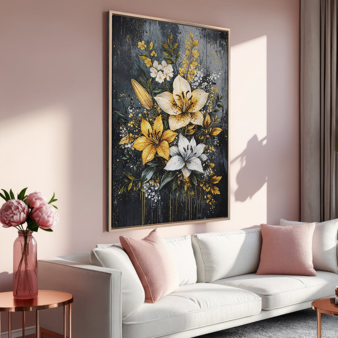 Framed Wall Art: Elegant floral canvas print in a modern style with a dark, gold, and white color palette. Perfect for adding a touch of luxury to your home.
