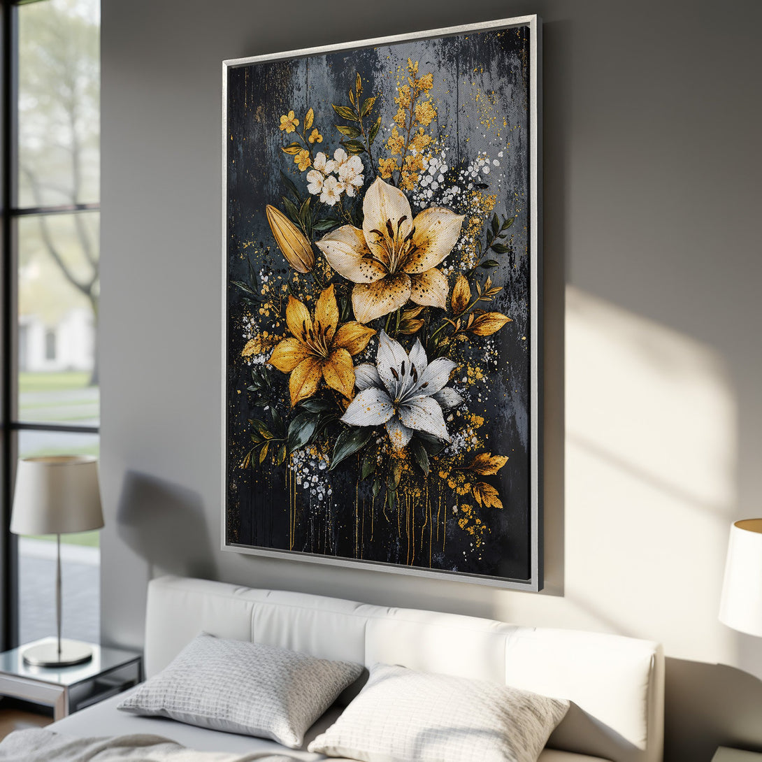 Framed Wall Art featuring a floral abstract design with gold and white lilies on a dark background. Modern art for bedroom decor.