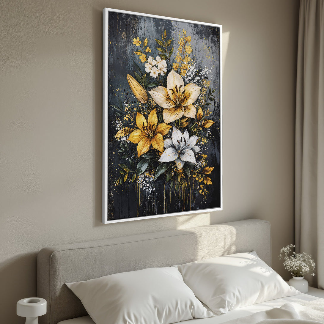 Framed Wall Art featuring a vibrant floral arrangement with yellow and white lilies, set against a dark, textured background. Elegant home decor with a gold accent palette.