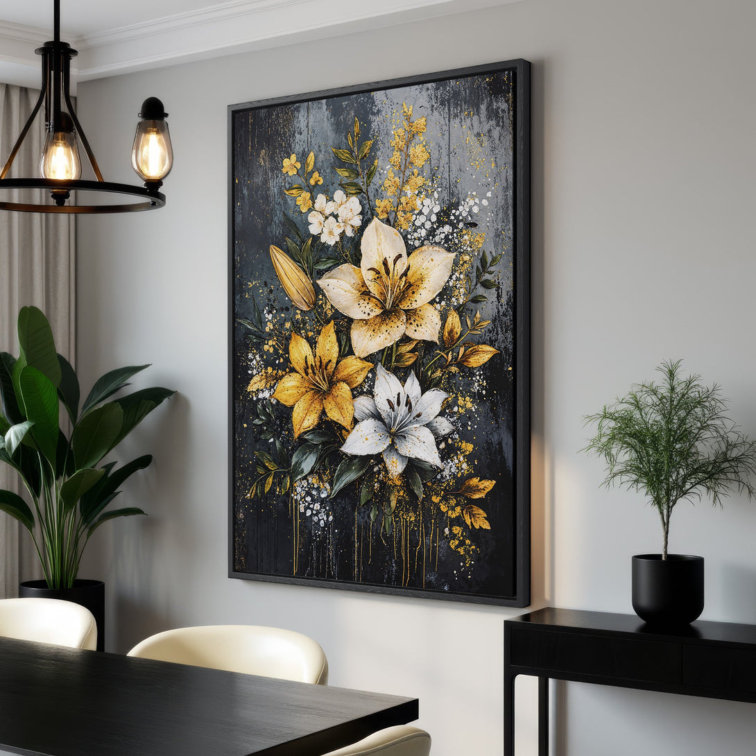 Framed Wall Art featuring a floral abstract design with lilies in a dark, gold, and white color palette. Perfect for modern home decor.