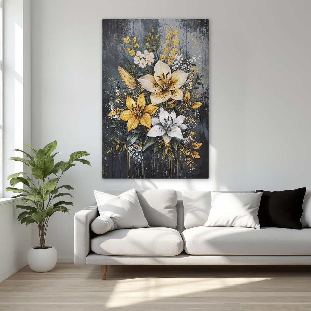Framed Wall Art featuring a floral design with lilies in a dark, gold, and white color palette. Elegant and stylish interior decor.