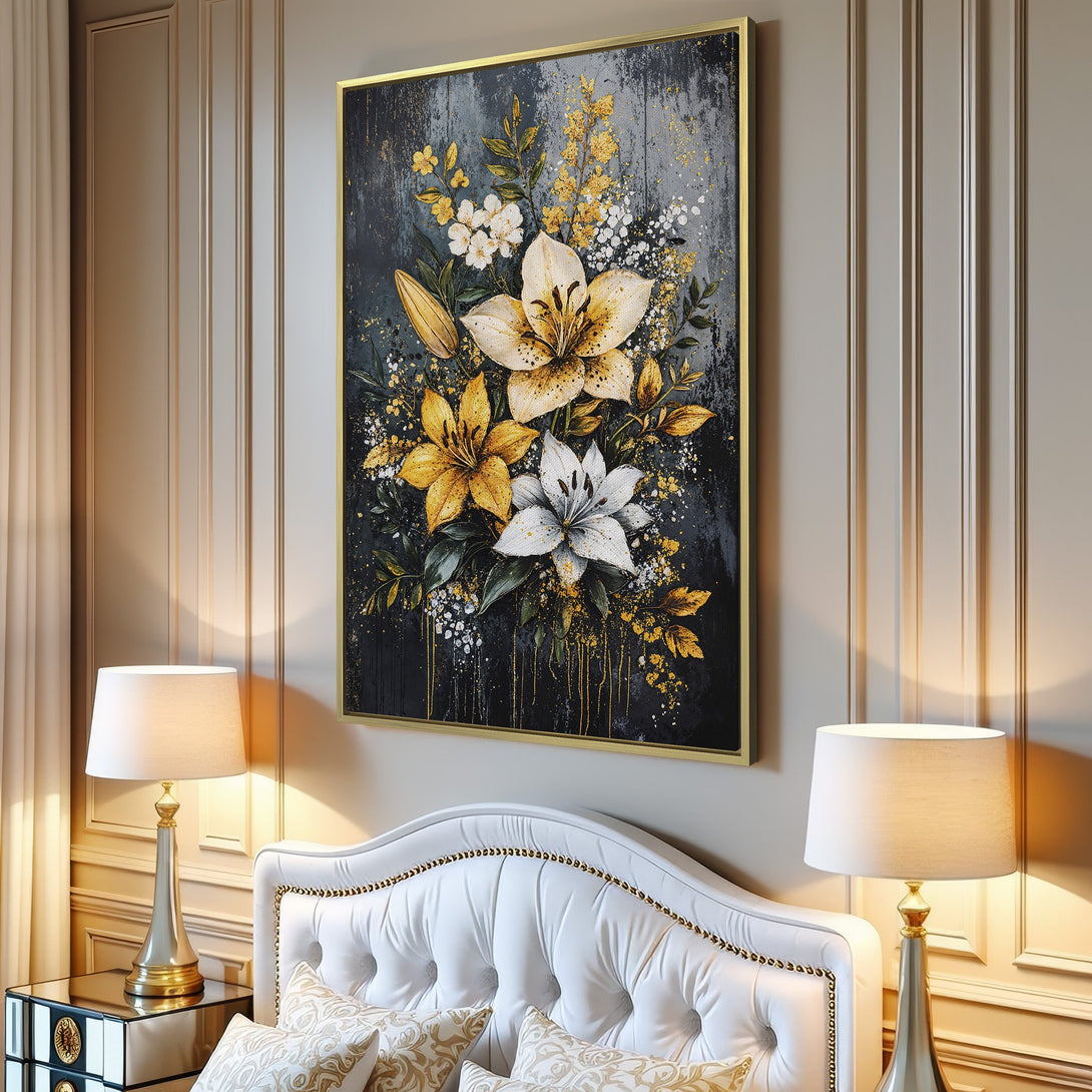 Canvas Print featuring a floral bouquet in a dark, moody style with yellow, white, and gold accents. Perfect for modern home decor.