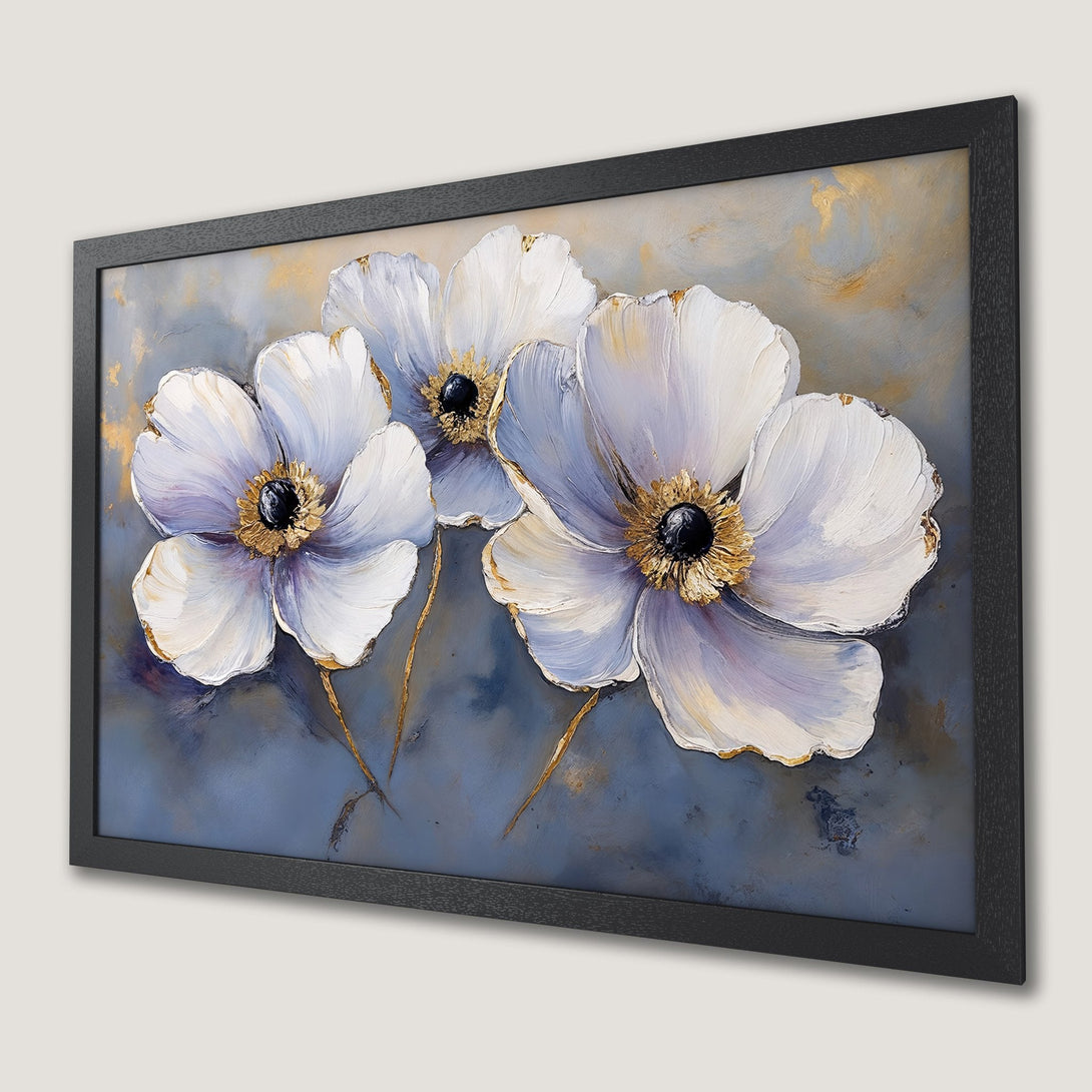 Framed Poster of white floral art, oil painting style, with blue, gold, and white color palette.