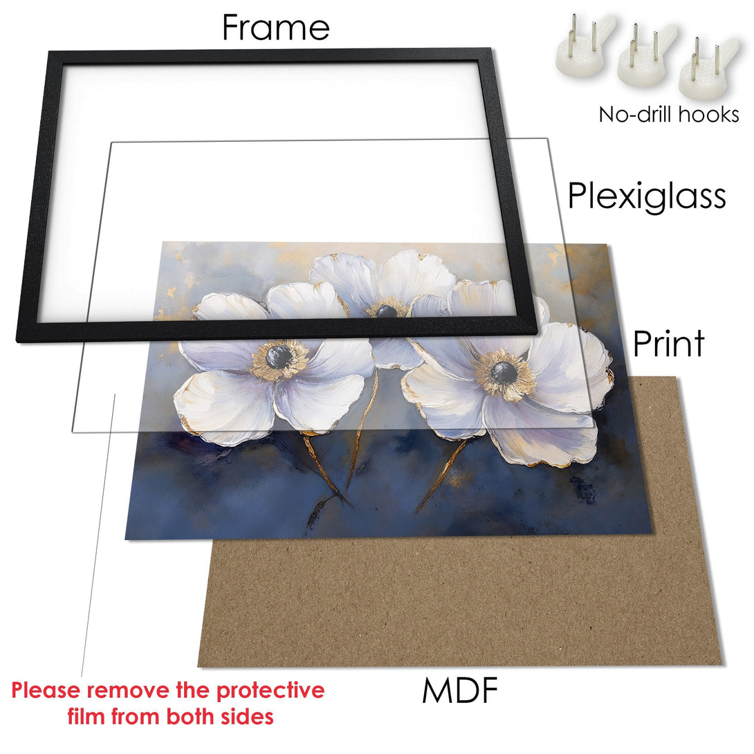 Framed Poster of white floral art in a modern style with a blue and gold color palette. Ready to hang!