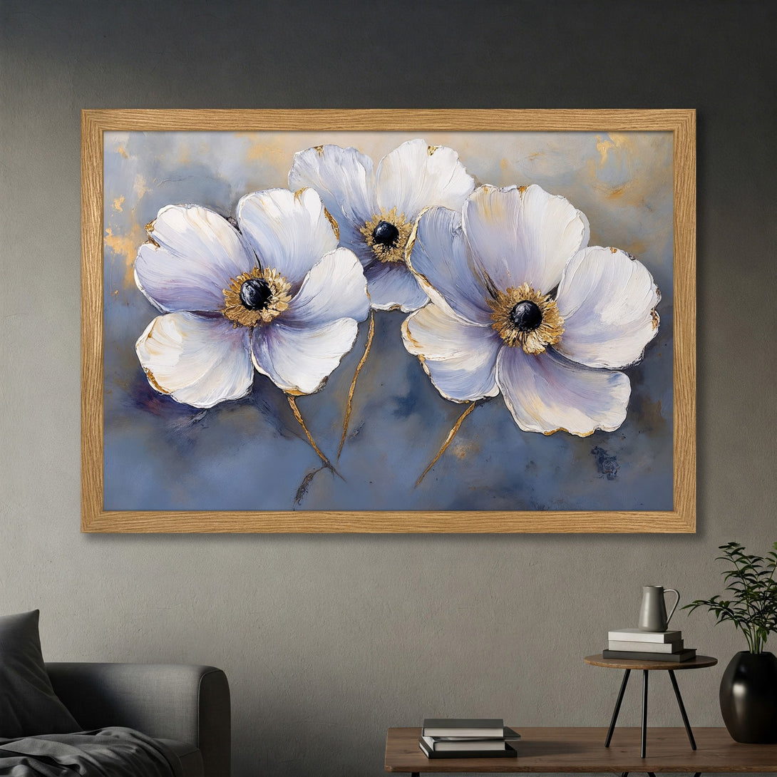 Framed Poster of white flowers with gold accents on a blue background. Modern art style, perfect for home decor.