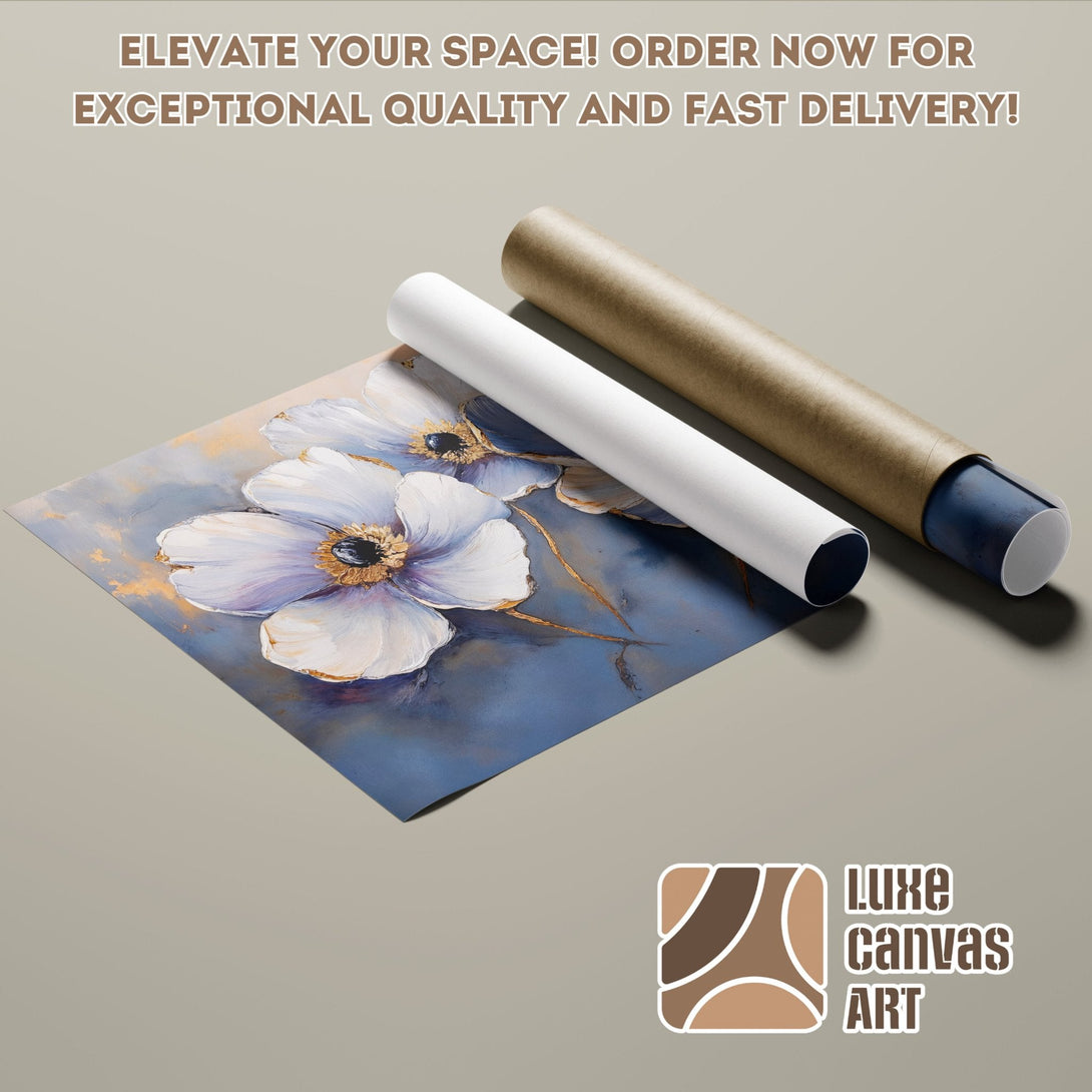 Poster Roll featuring floral art in blue, white, and gold. Elevate your space with our stunning art prints!