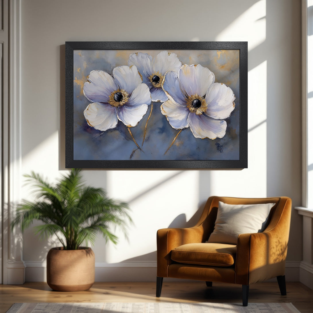 Framed Poster featuring elegant white flower art with gold accents, set against a blue-grey backdrop. Perfect for home decor.