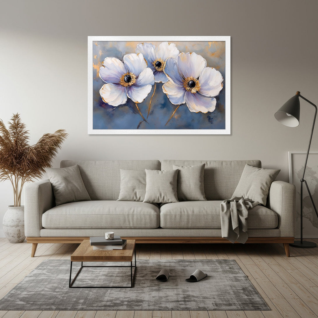 Framed Poster featuring elegant white floral art with blue & gold accents. Modern style, perfect for home decor.