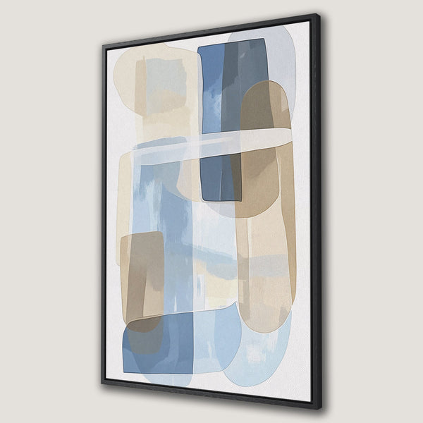 Framed Wall Art featuring an abstract geometric design in calming blue and beige tones. Modern canvas print perfect for any space.
