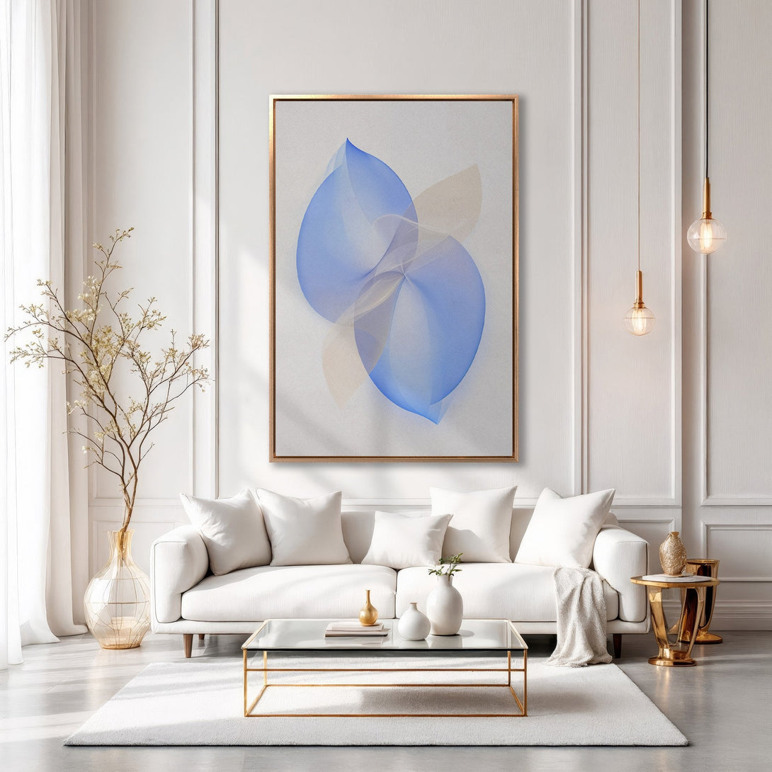Framed Wall Art: Abstract blue & beige artwork in a modern living room. Enhance your space with this stylish Canvas Print in a neutral color palette.