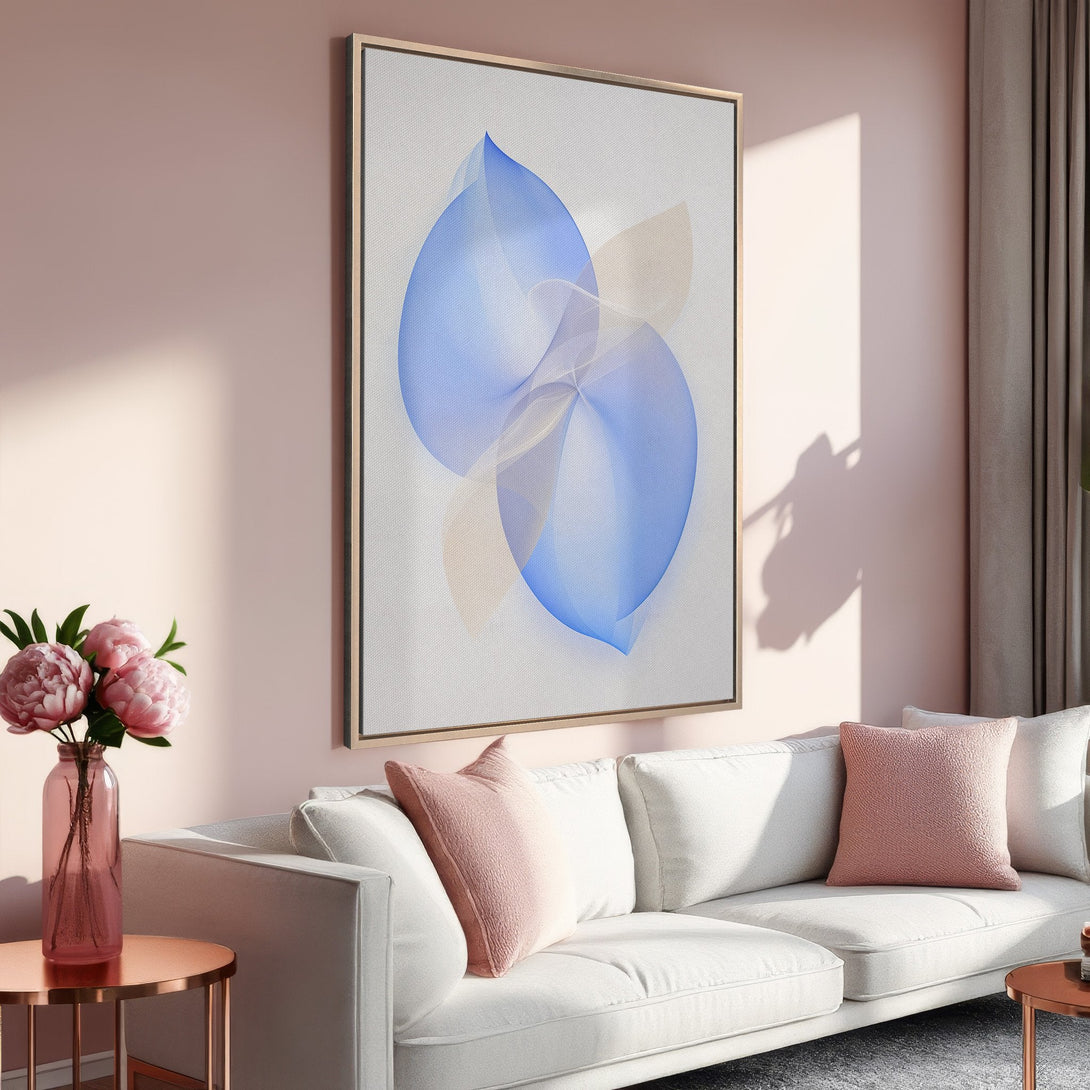 Framed Wall Art featuring an abstract blue and beige design, displayed in a modern interior with a soft pink and white color palette. Perfect for living room decor.