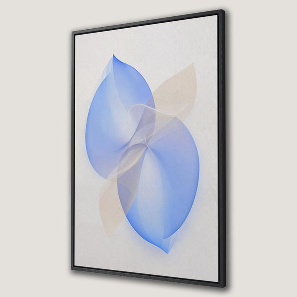 Framed Wall Art featuring abstract blue and beige shapes on a white canvas. Modern art print perfect for adding a touch of elegance to any space.