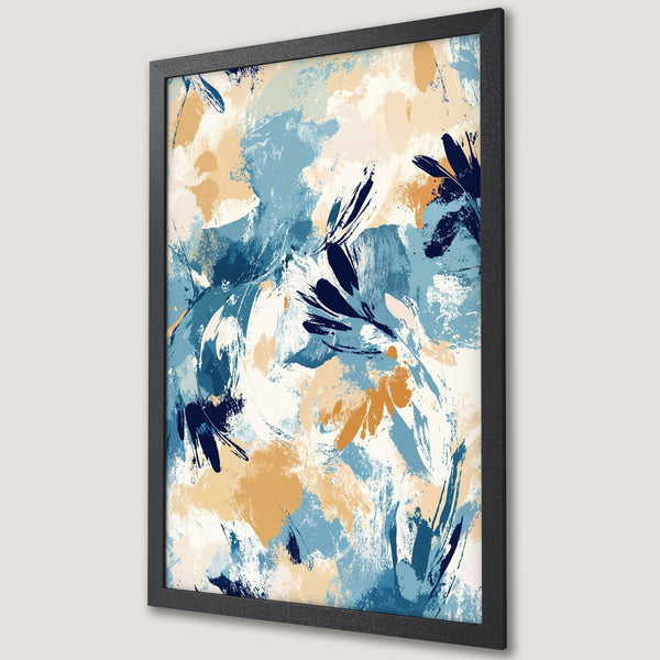 Framed Poster featuring abstract art in blue, beige, and navy color palette. Modern art print perfect for home decor.