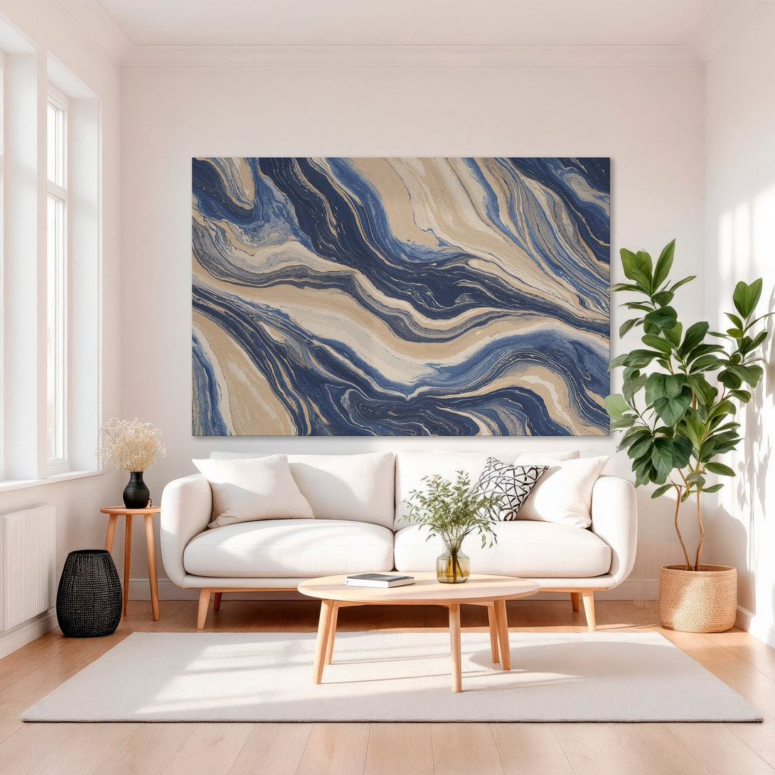 Framed Wall Art: Abstract blue and beige canvas print. Modern art for home decor. Gold frame adds luxury. Perfect for living room or bedroom.