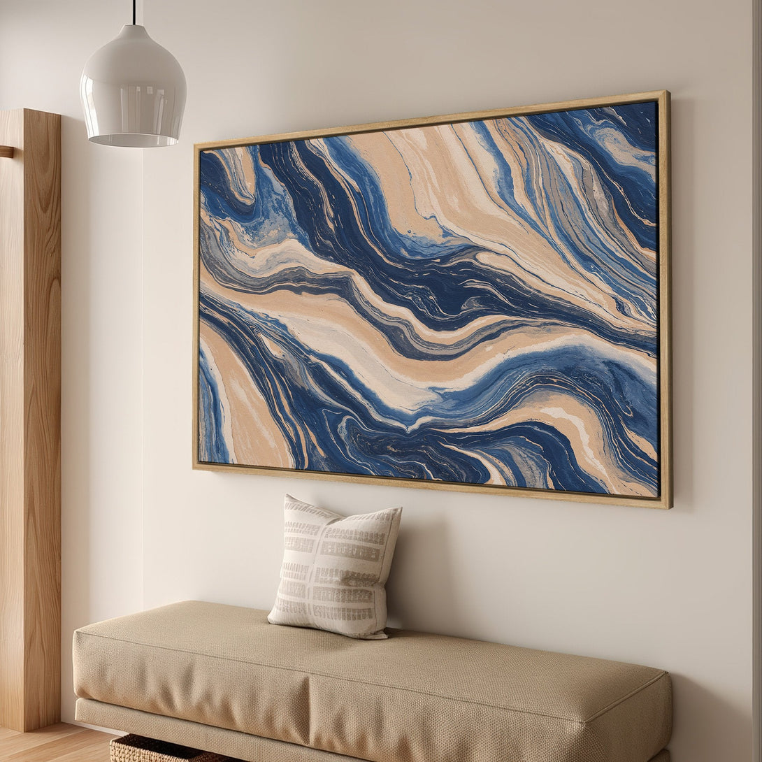 Framed Wall Art featuring an abstract blue and beige swirl design. Modern art print for a stylish home decor upgrade.