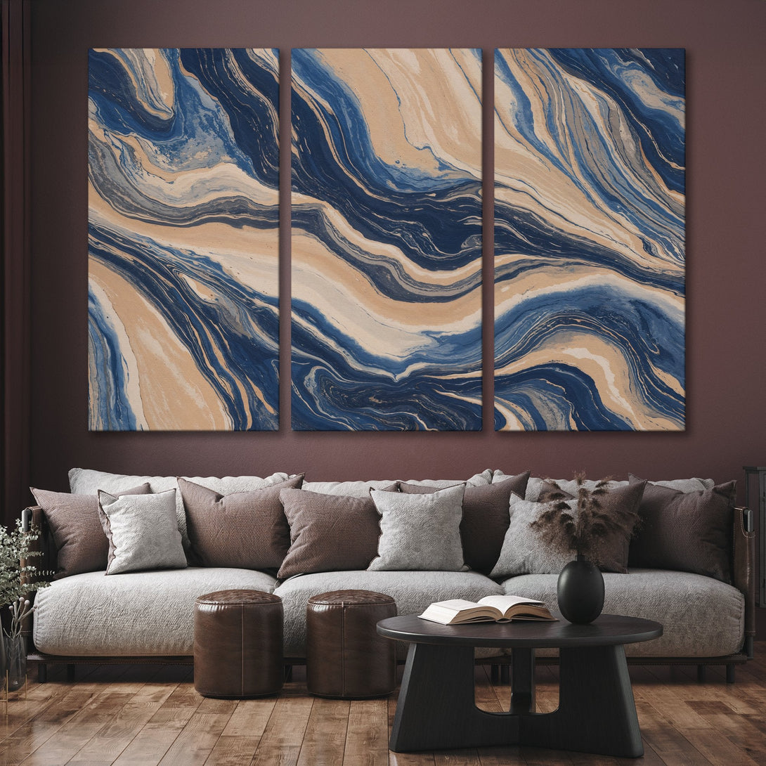 Abstract Canvas Print triptych in blue, beige, and white. Modern wall art for living room decor.