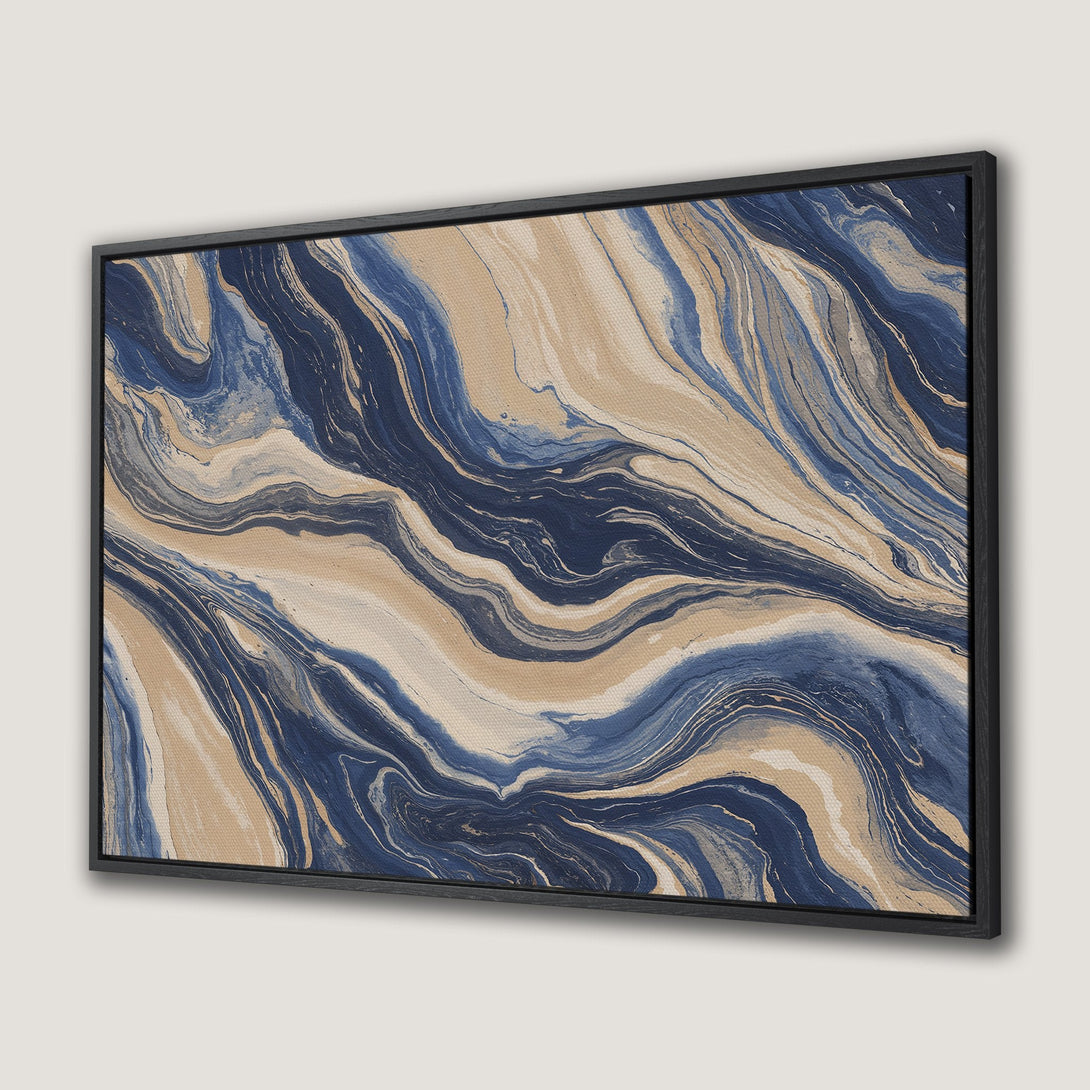 Framed Wall Art featuring an abstract marble design in navy blue, beige, and cream. Modern canvas print perfect for any interior.