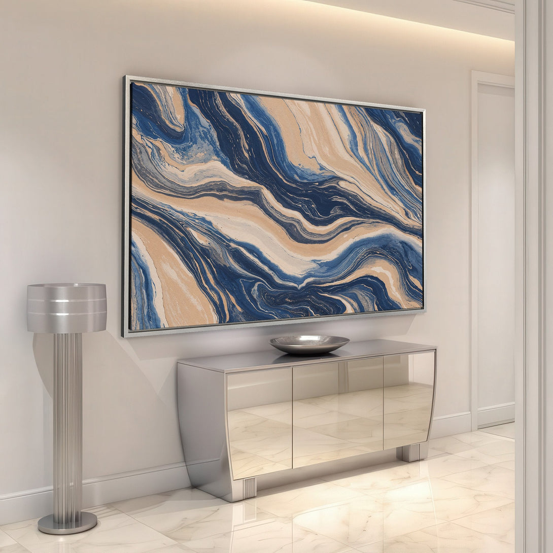 Framed Wall Art featuring an abstract blue and beige design. Elevate your space with this modern, stylish canvas print. Perfect for any interior!