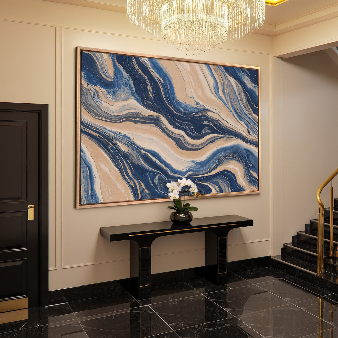 Framed Wall Art featuring abstract blue and beige artwork. Enhance your space with this modern canvas print. Perfect for any interior design.