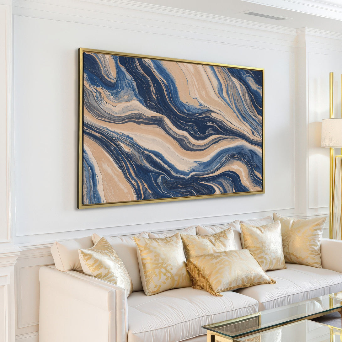 Abstract Canvas Print in a modern living room, featuring blue, beige, and white color palette. Adds a stylish touch to any space.