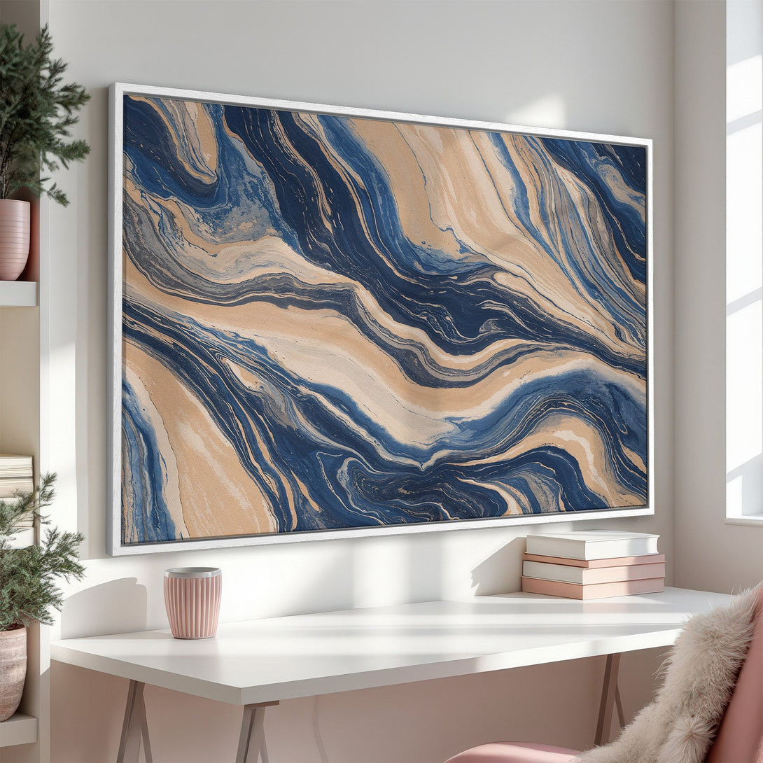 Framed Wall Art: Abstract blue & beige marble design canvas print. Modern art for home decor. Adds a touch of elegance to any room.